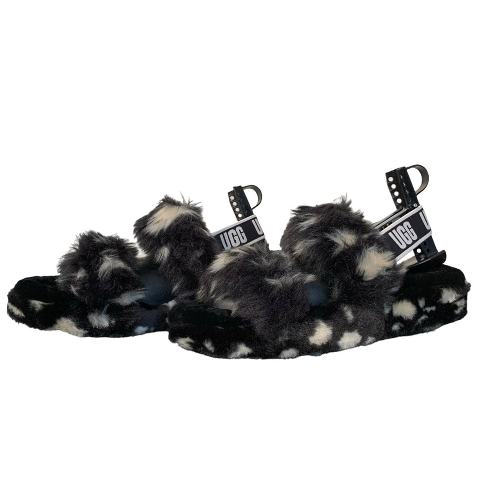 UGG Oh Yeah Spots Fur Slide Sandals Black White Women's Size 10 - Picture 4 of 10